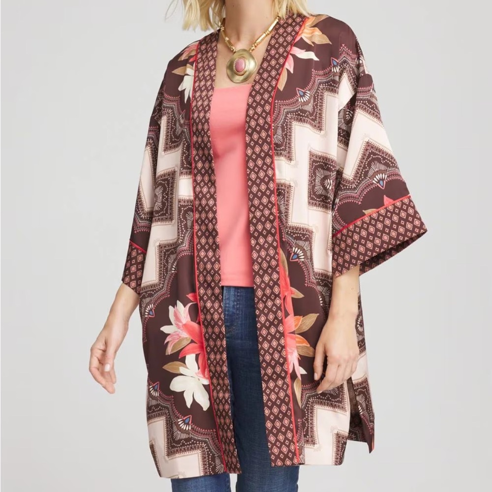 Chico’s Size XL Floral Geometric Print 3/4 Sleeve Women’s Kimono  New In Pkg